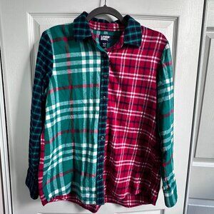 Lands End Womens Med Petite Patchwork Mixed Plaid Flannel Shirt Red Green Blue